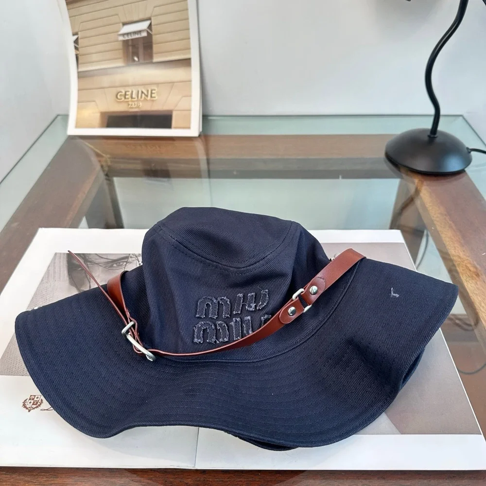 Miu Miu Navy Leather Strap Embroidered Wide Brim Bucket Hat